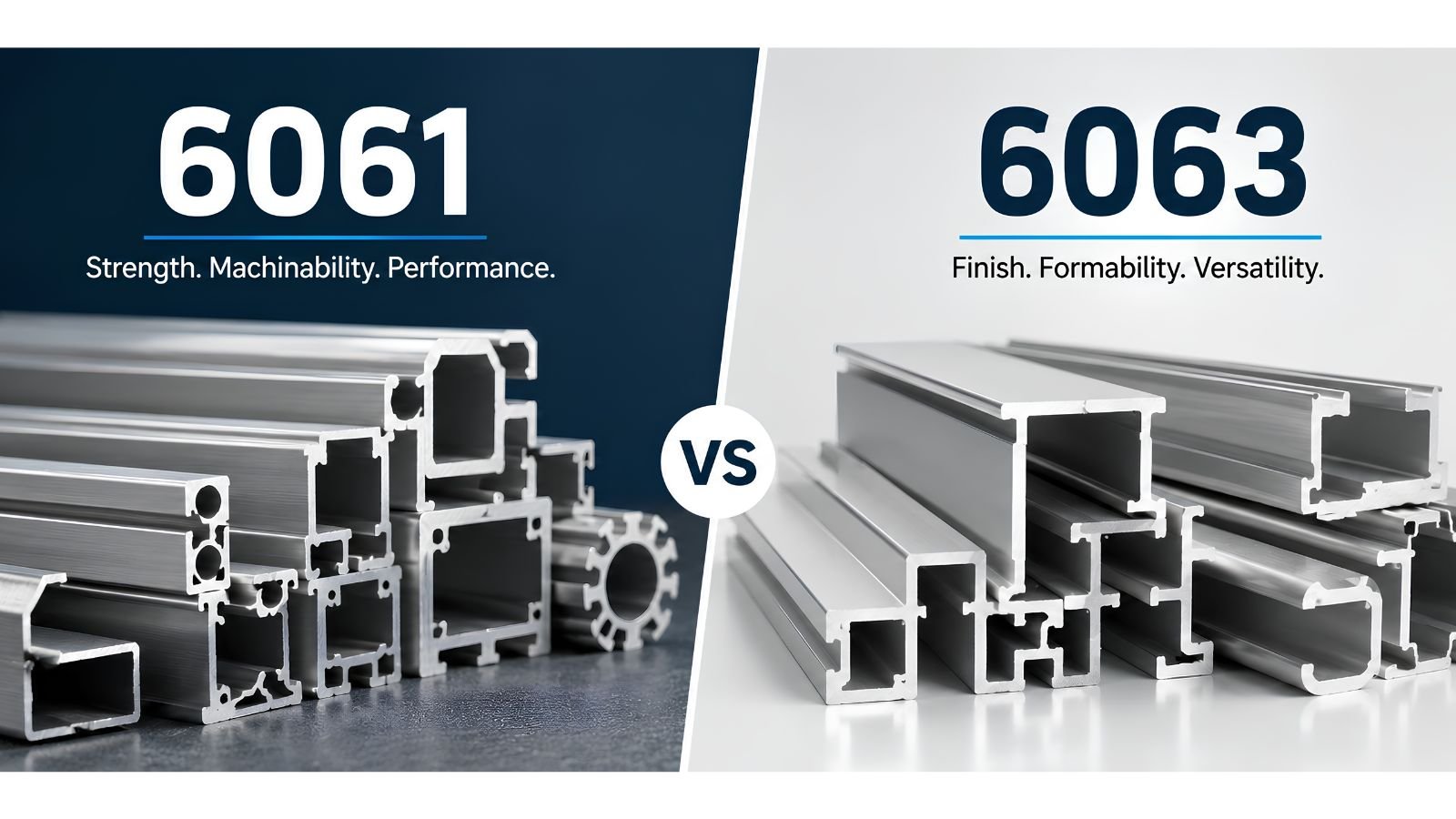 6061 vs 6063 aluminium alloy extruded profile samples side by side
