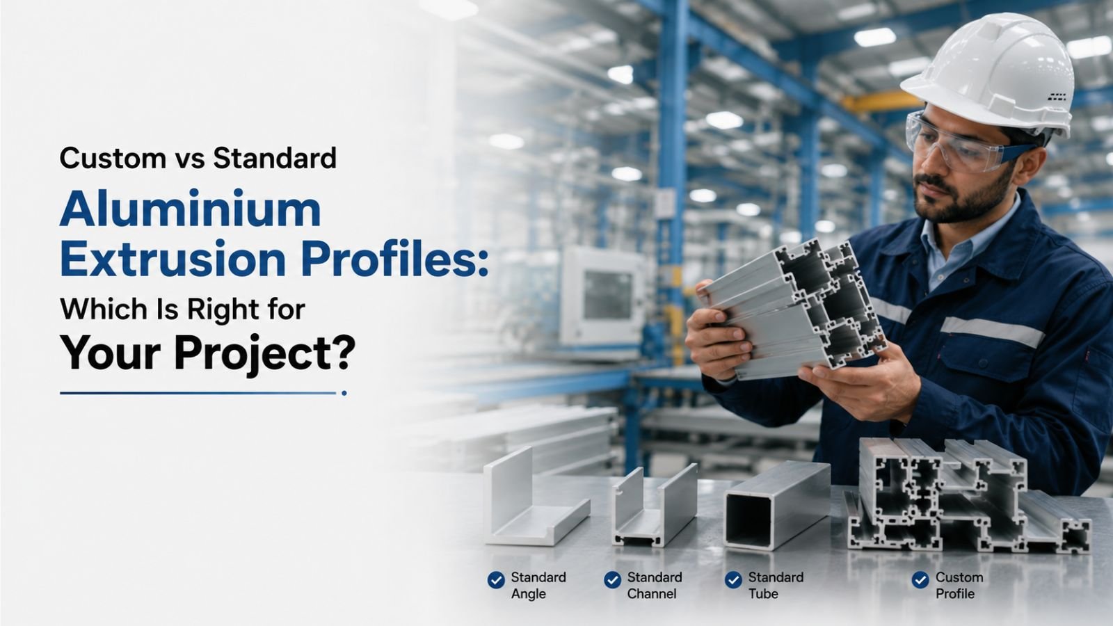 Standard aluminium extrusion shapes like angles and channels next to a custom multi-feature extruded profile