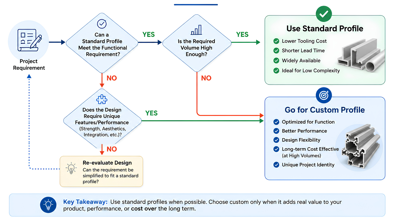 Flowchart for deciding between standard and custom aluminium extrusion profiles based on functional requirements and production volume