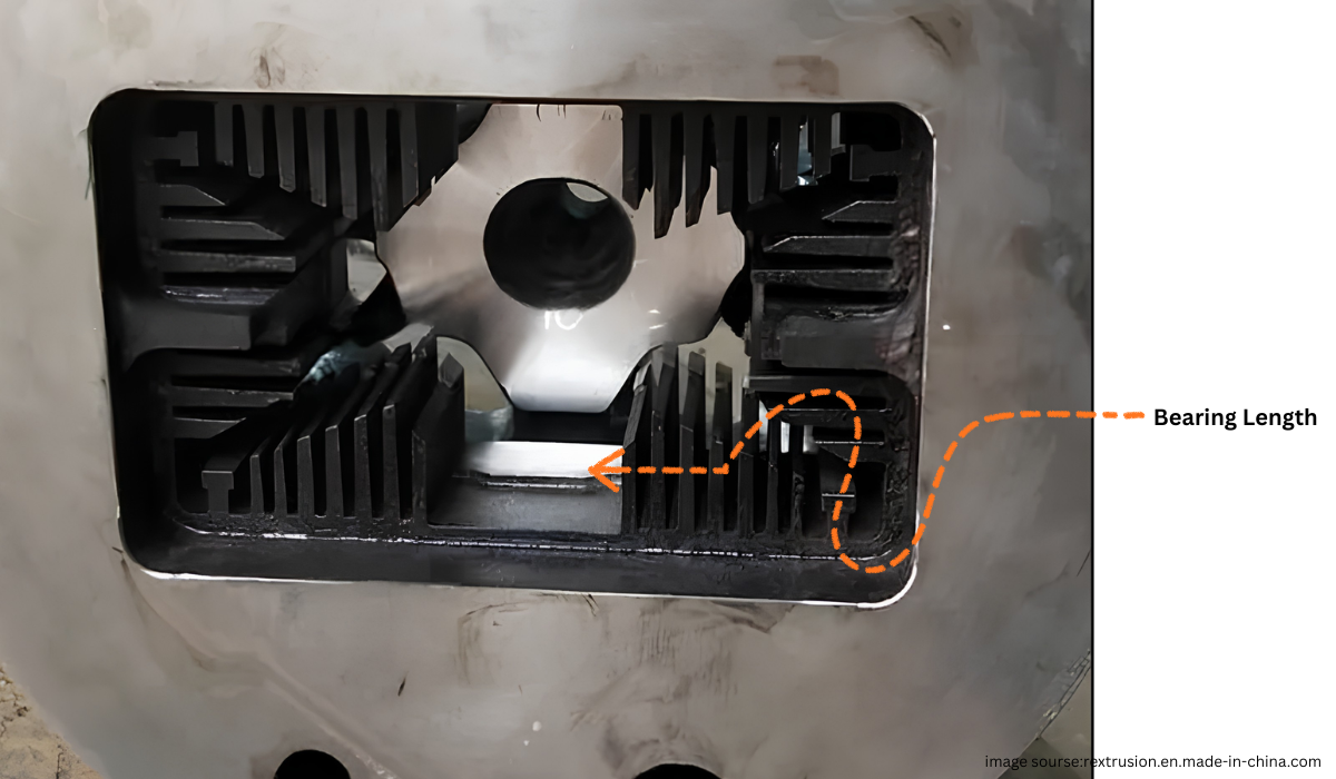 Heat sink profile cross-section showing thick base and thin fins with different bearing lengths marked on each