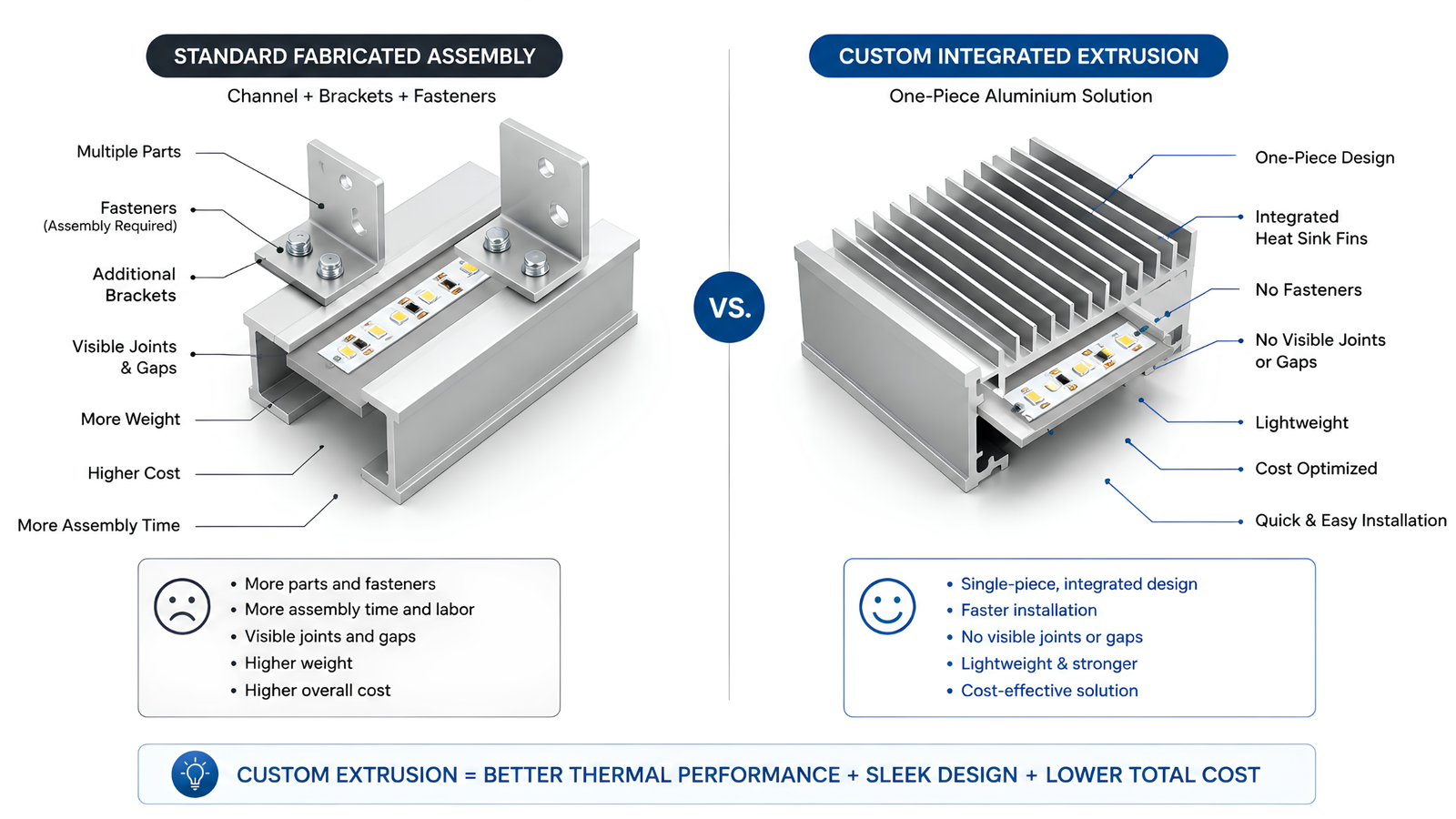 Comparison diagram of an LED light housing built from standard channel plus brackets versus a single integrated custom extrusion
