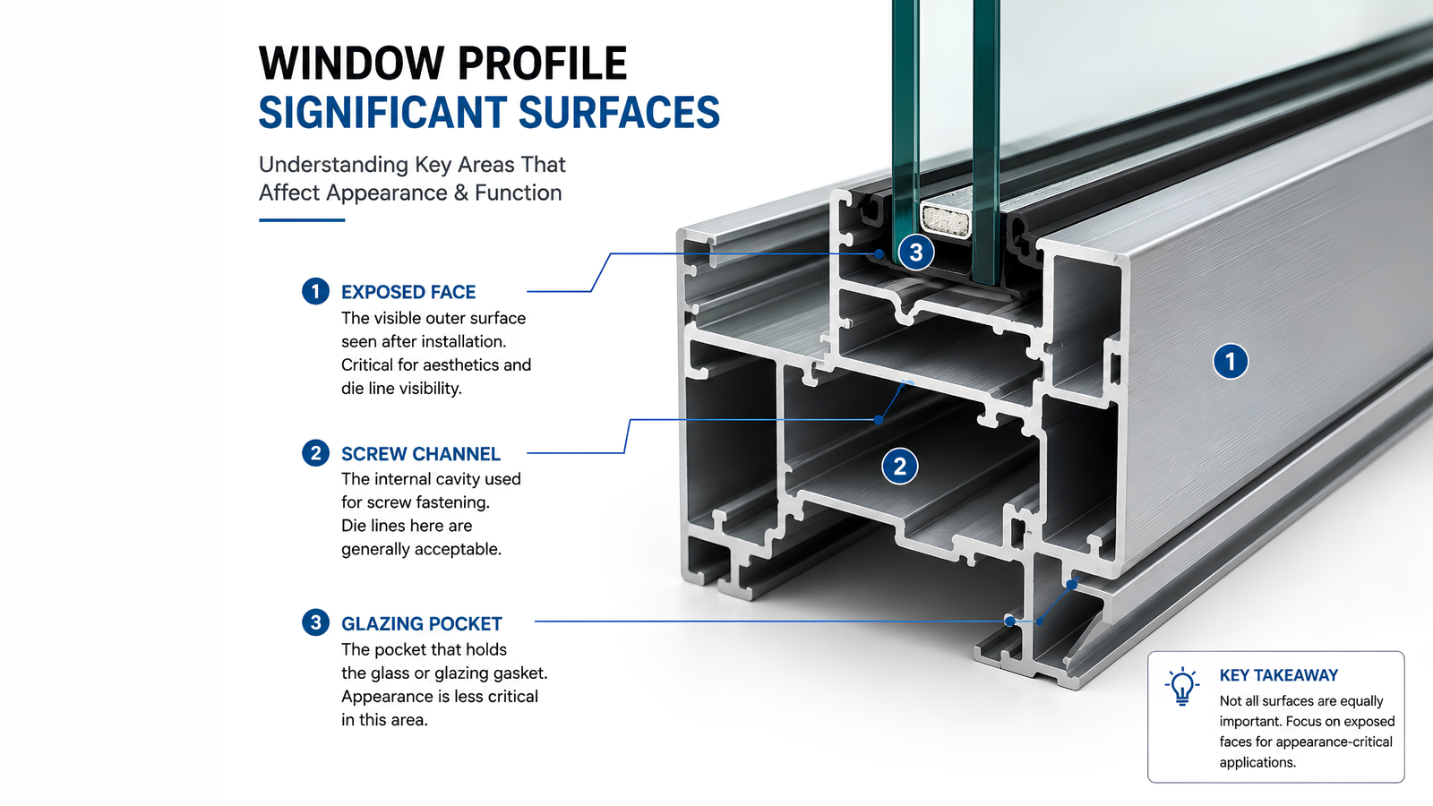 Window profile cross-section with exposed architectural face, hidden screw channel, and glazing pocket labelled to show which surfaces are significant
